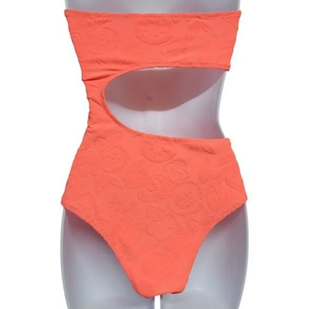 Aerie Terry Cut Out Strapless Neon‎ Orange One Piece Swimsuit S